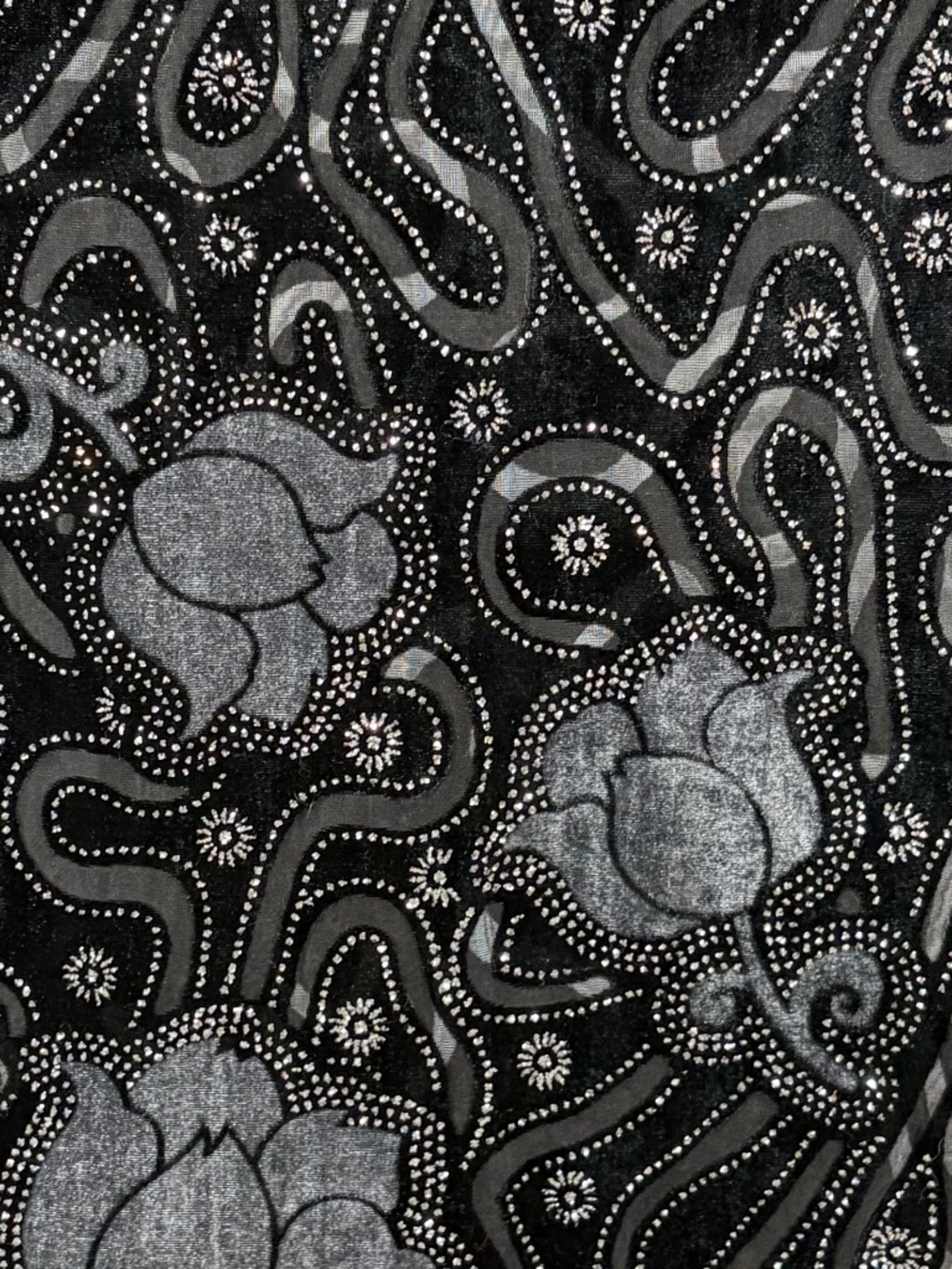 Black Burnout Velvet Floral Scarf Wrap | Metallic Silver Detail